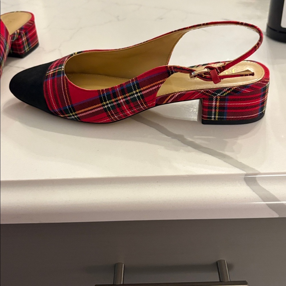J. Crew Red and Black Plaid Slingback Heels - Picture 3 of 4